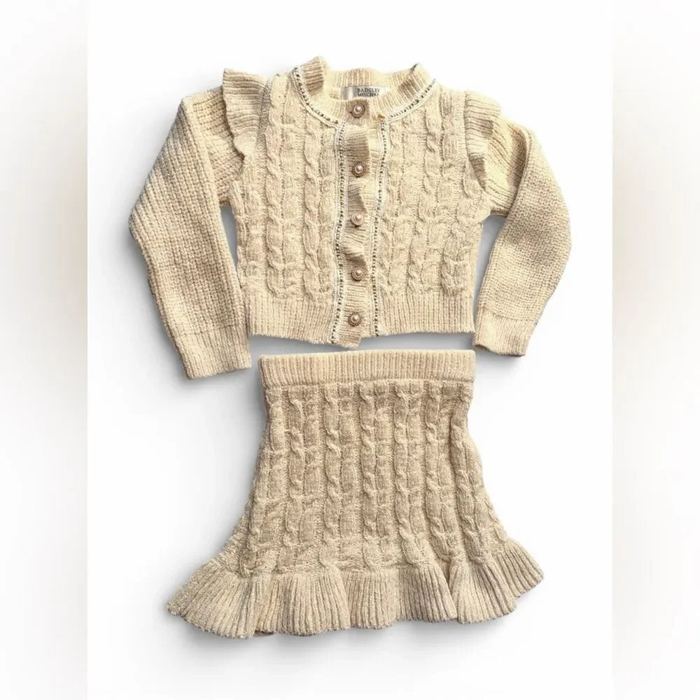 Badgley Mischka Cream Cable Knit Pearl Button Gold Metallic Sweater Set Girl 3T